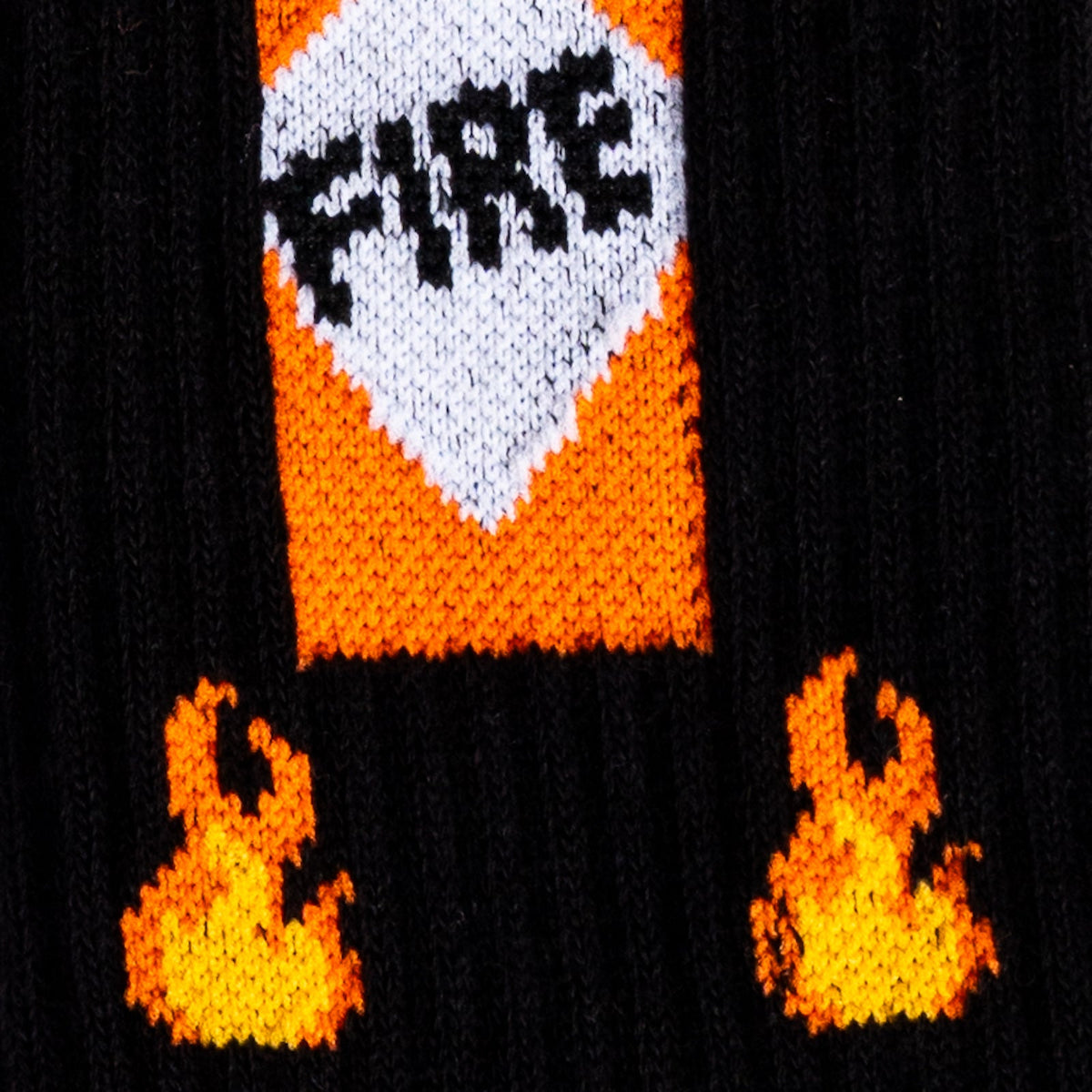 Fire ribbed crew socks – close-up detail of hot sauce design