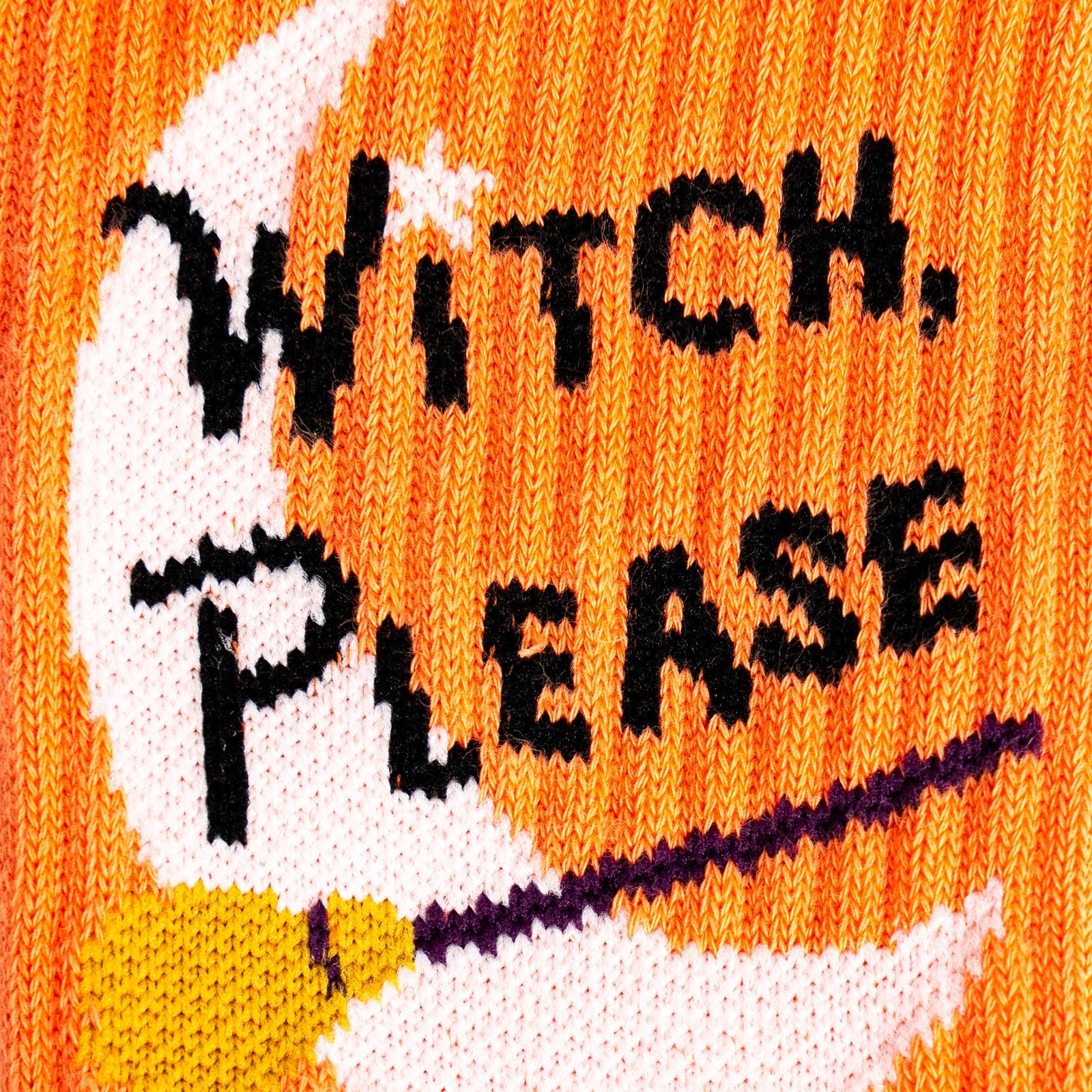 Witch Please ribbed crew socks – close-up detail of witchy print
