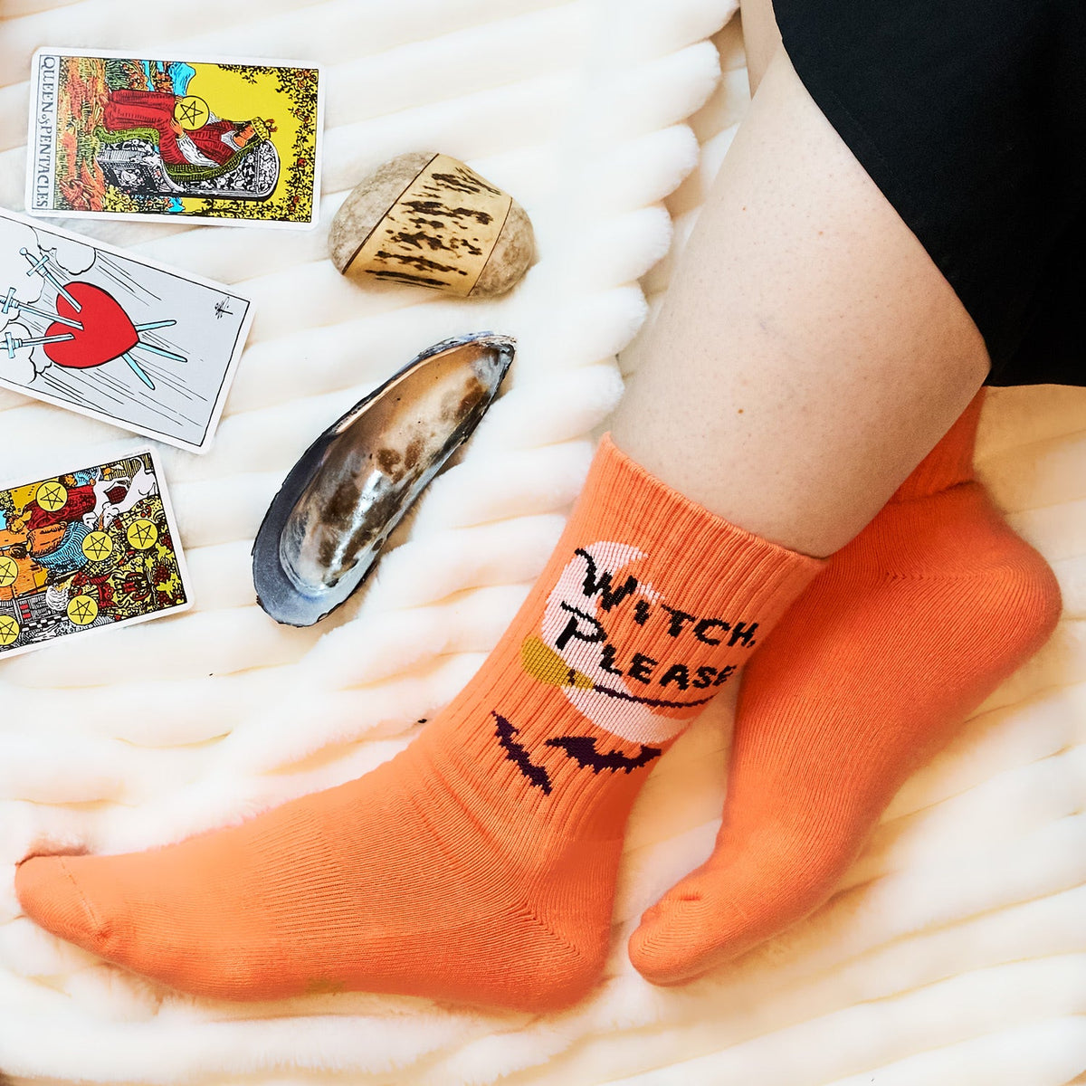 Witch Please ribbed crew socks – lifestyle flat lay