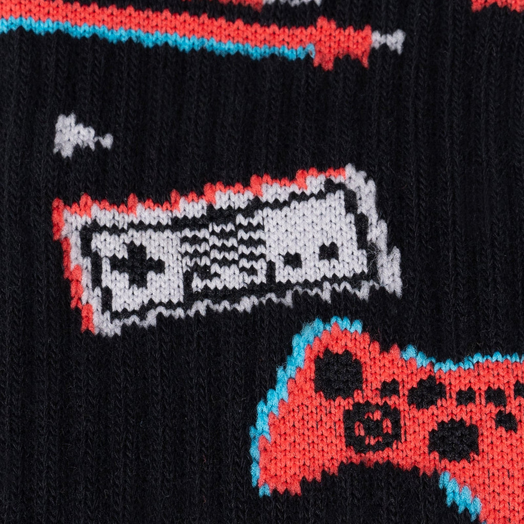 Press Play ribbed crew socks – close-up detail of gaming controller print