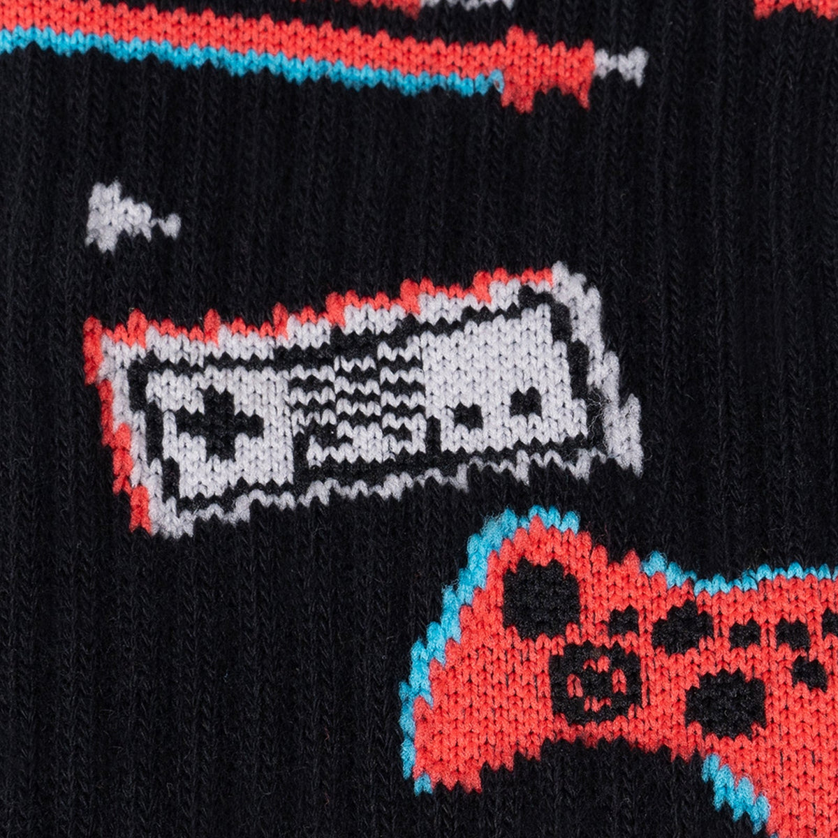 Press Play ribbed crew socks – close-up detail of gaming controller print